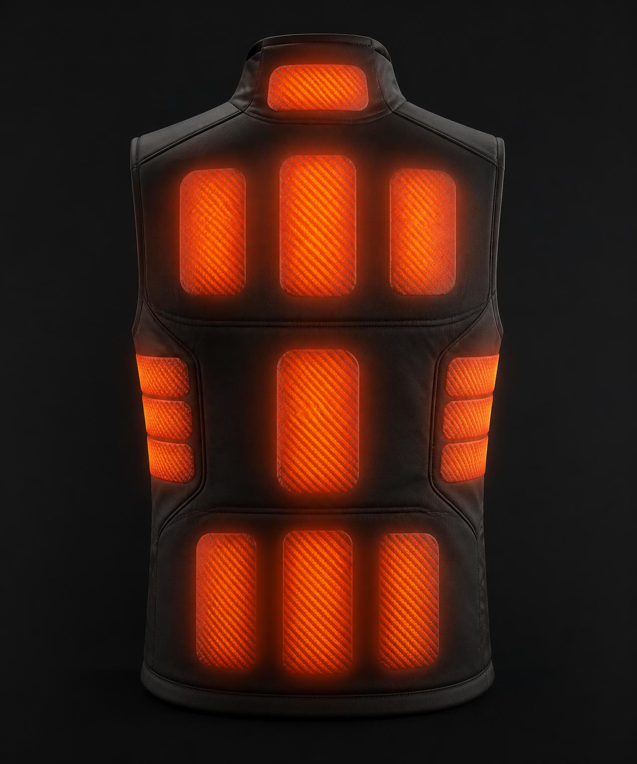 Back of heated vest showing fifteen illuminated heat zones